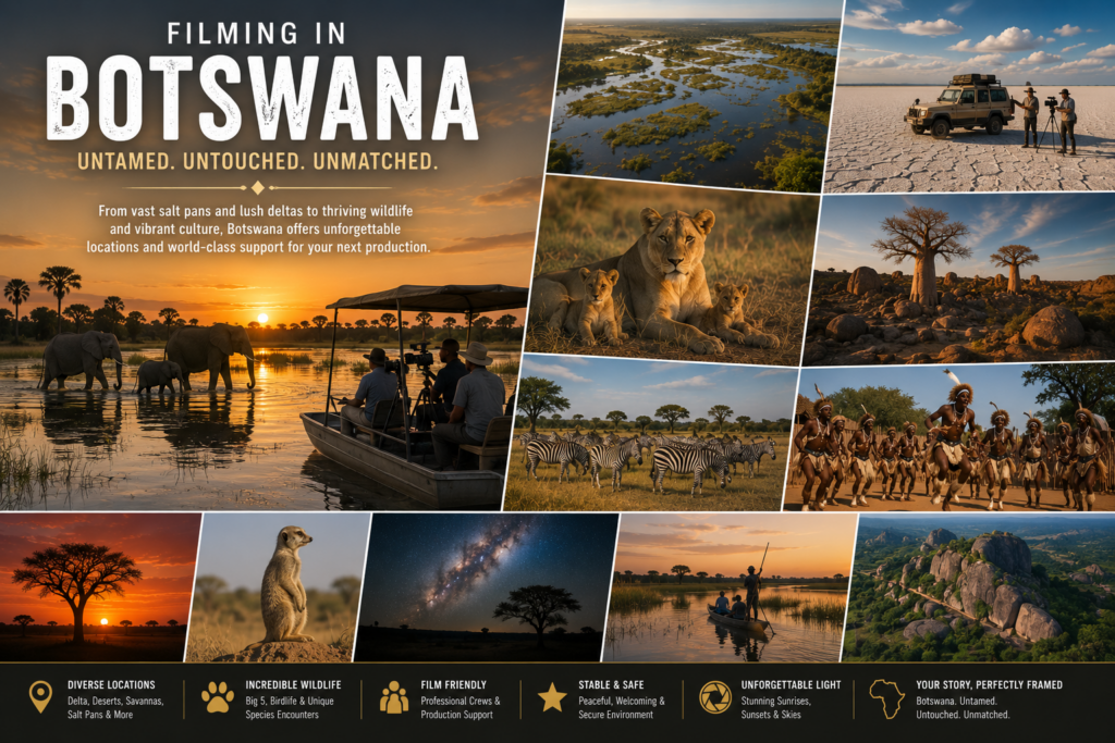 Production Support Botswana — filming locations montage (Okavango Delta, salt pans, wildlife, culture) by African Fixer
