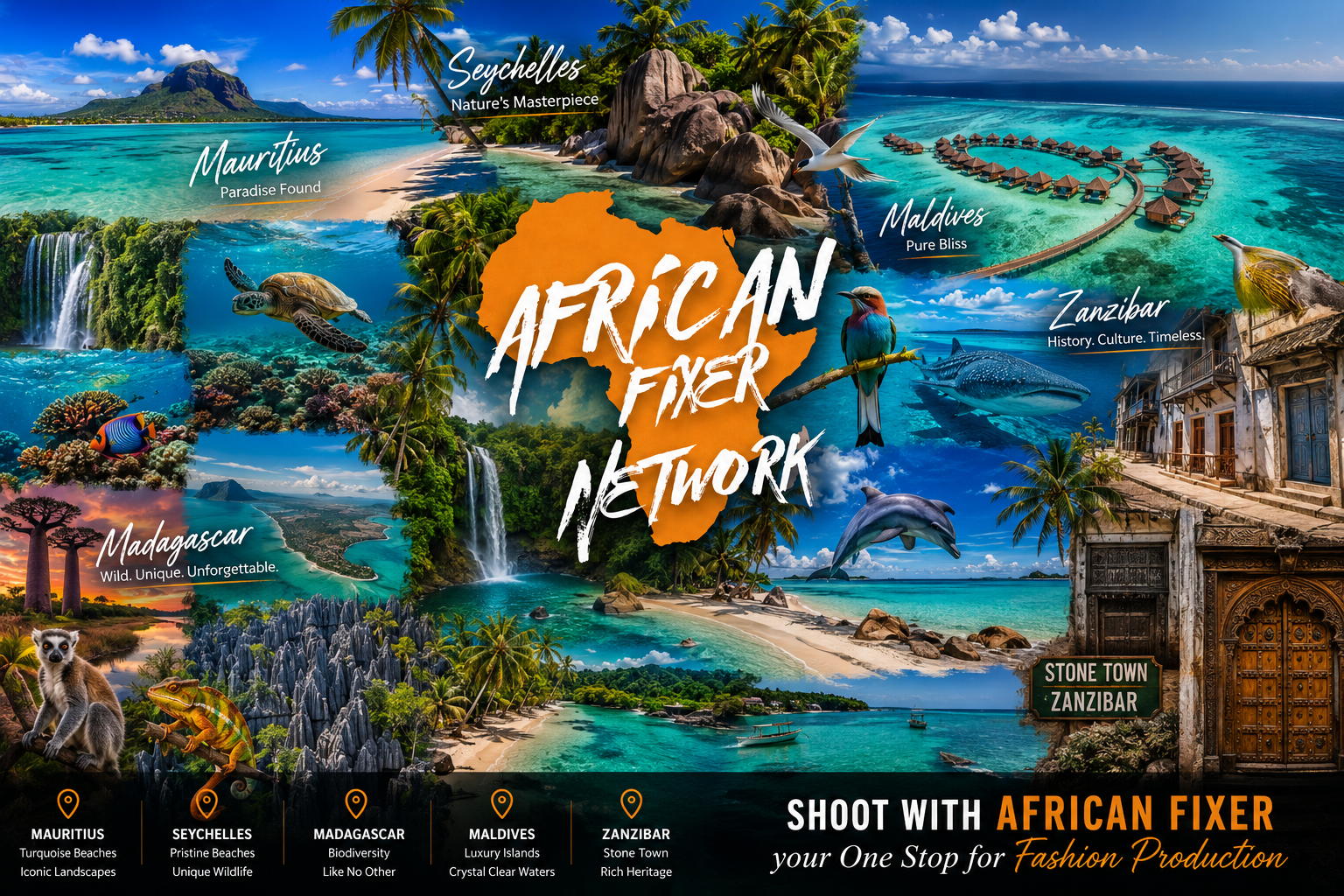 Island fashion shoots — tropical beaches, waterfalls, mountains and Old Town locations across the Indian Ocean and Atlantic, served by African Fixer