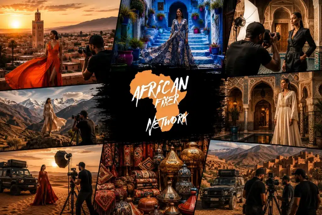 Morocco fashion photography — African Fixer crews and models shooting across Marrakech, Chefchaouen and the Atlas Mountains
