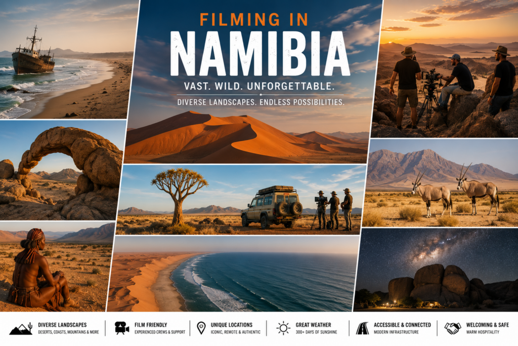 Production Company Namibia — filming locations montage (Namib dunes, Skeleton Coast, Etosha, quiver trees) by African Fixer