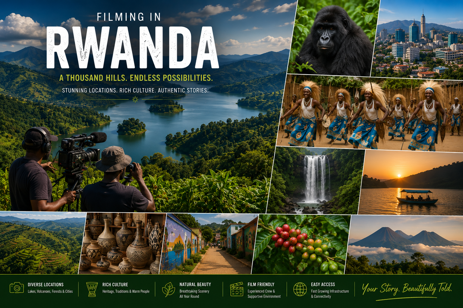 Production Support Rwanda — filming locations montage (Kigali, volcanoes, Lake Kivu, gorillas, culture) by African Fixer