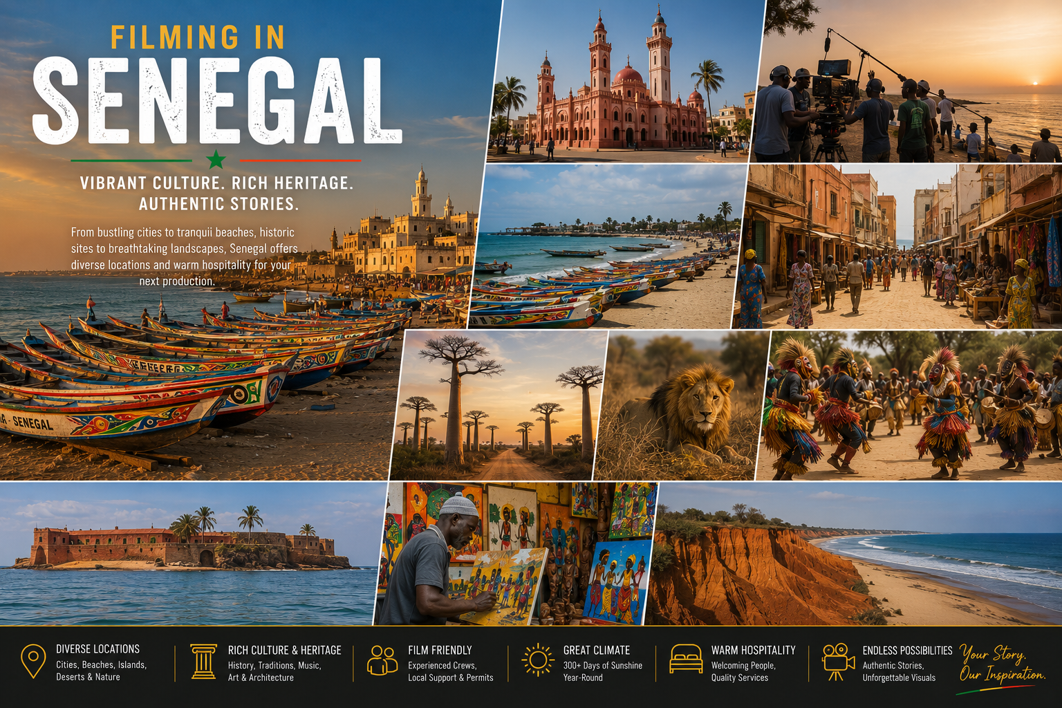 Production Support Senegal — filming locations montage (Dakar, Gorée Island, Saint-Louis, fishing boats, culture) by African Fixer