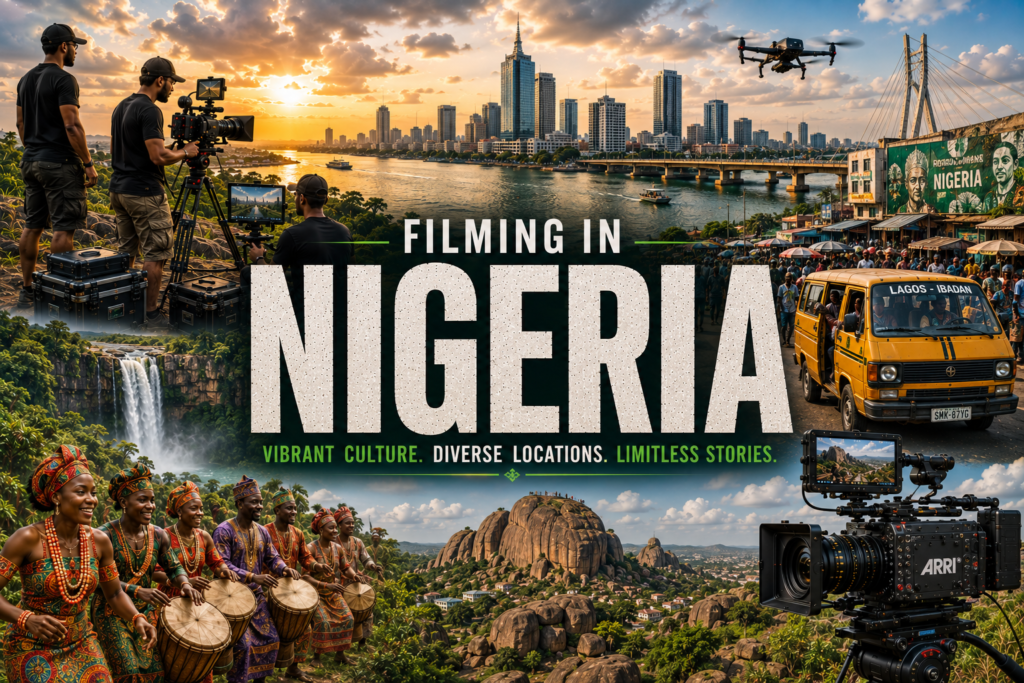 Filming in Nigeria — Lagos skyline, film crew, culture and landscapes collage