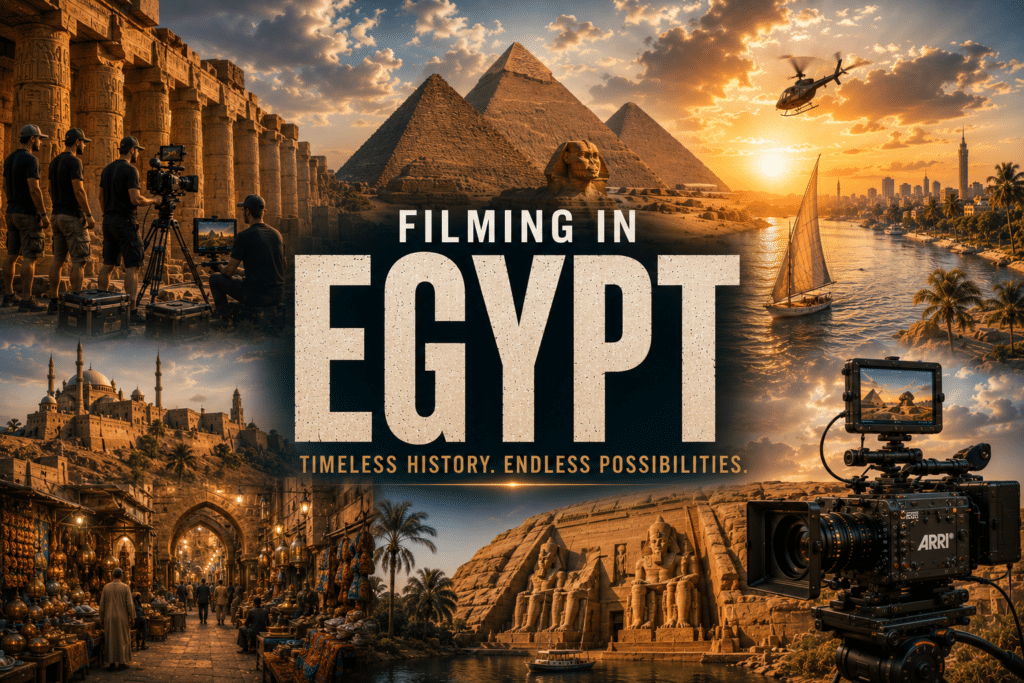 Filming in Egypt - Giza Pyramids and Sphinx, Luxor temples, Abu Simbel, Nile felucca, Cairo bazaar and film crew with ARRI camera on location