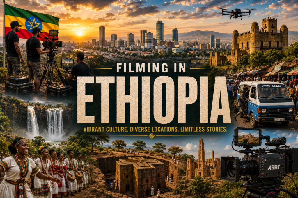 Filming in Ethiopia - Addis Ababa skyline, Lalibela rock-hewn churches, Gondar castles, Blue Nile Falls, Omo Valley culture and film crew with ARRI camera
