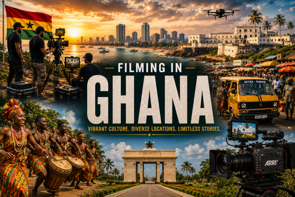 Filming in Ghana - Accra skyline and coast, Cape Coast and Elmina castles, Independence Arch, cultural dancers and film crew with ARRI camera on location