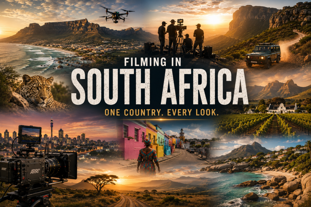 Filming in South Africa - Table Mountain, Cape Town coastline, Winelands, Karoo, Johannesburg skyline, wildlife and film crew with ARRI camera on location