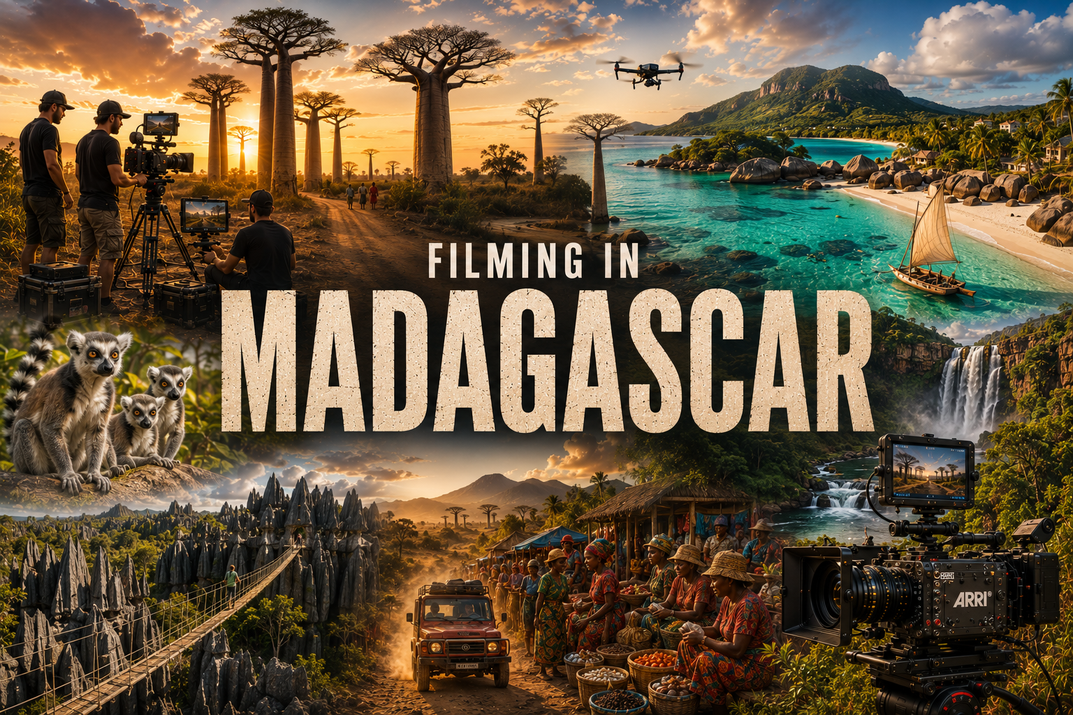 Filming in Madagascar collage — baobabs, lemurs, the Tsingy, island coast and a film crew