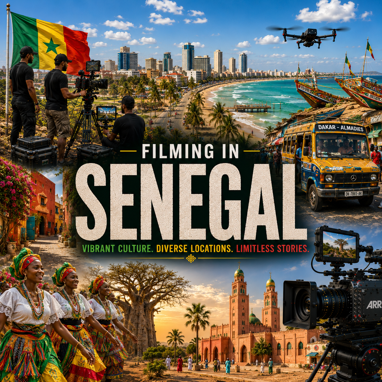 Filming in Senegal — Dakar, Île de Gorée, Lac Rose, pirogues, culture and a film crew collage