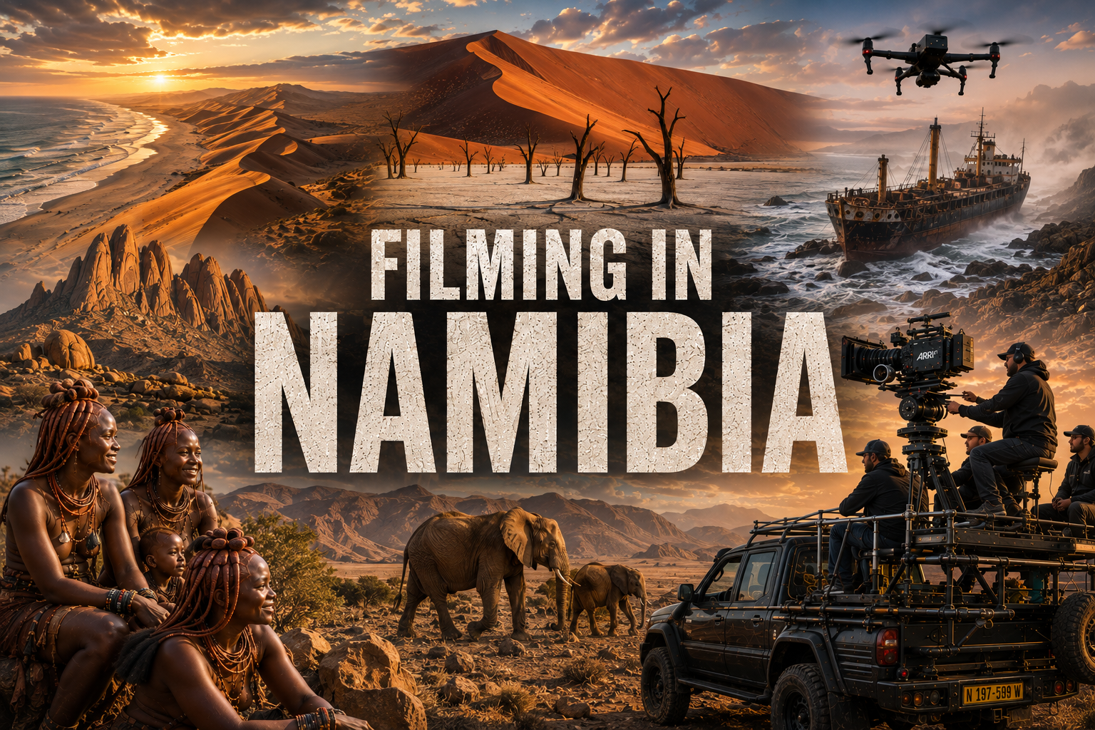 Filming in Namibia — Sossusvlei dunes, Deadvlei, Skeleton Coast shipwreck, Himba people, desert elephants and a film crew collage